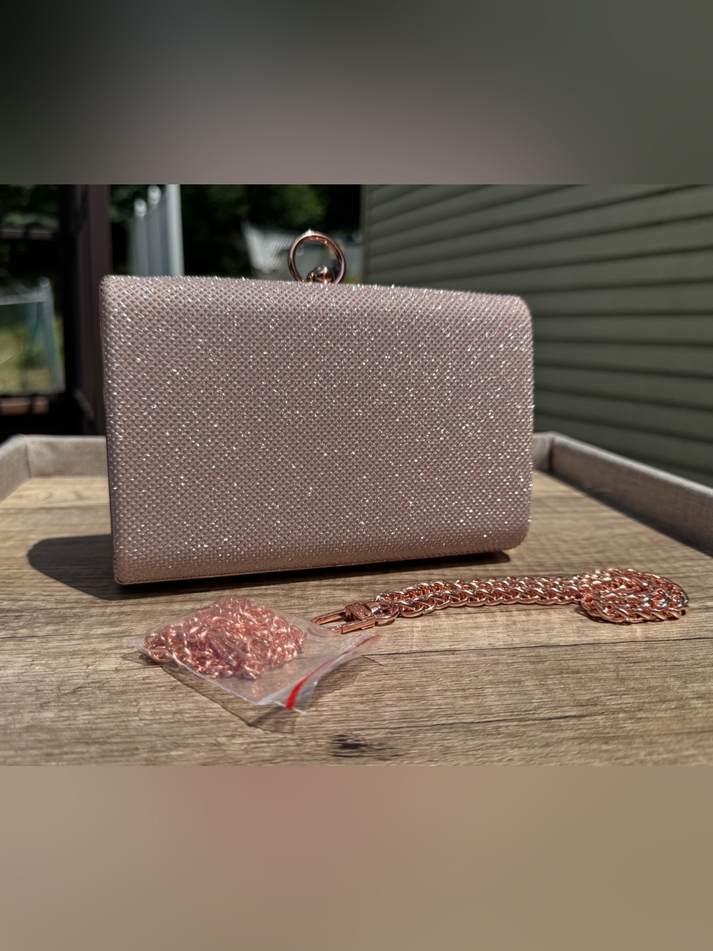 Sparkling Champagne Pink Evening Clutch with Rose Gold Chain